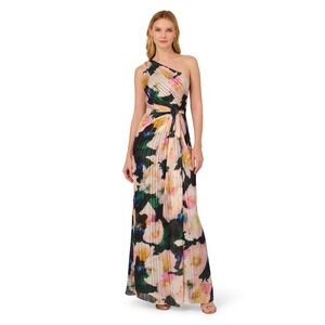 NWT Adrianna Papell One Shoulder Floral Chiffon Evening Gown Metallic Floral 0